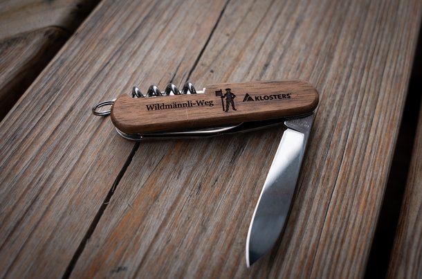 The official Wildmännli pocket knife is available as a reward in the web app for the Wildmännli Trail in Klosters.