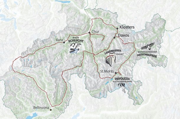 Die Rundreise des Alpine Circles durch die Bündner Bergwelt verbindet die markantesten Sehenswürdigkeiten des grössten Kantons der Schweiz.