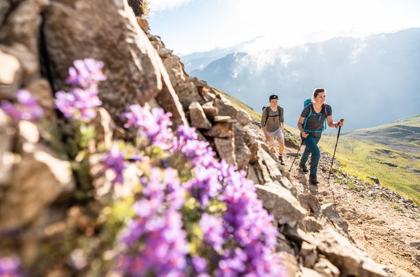 The Hiking theme page shows 16 hiking tips in Davos Klosters.