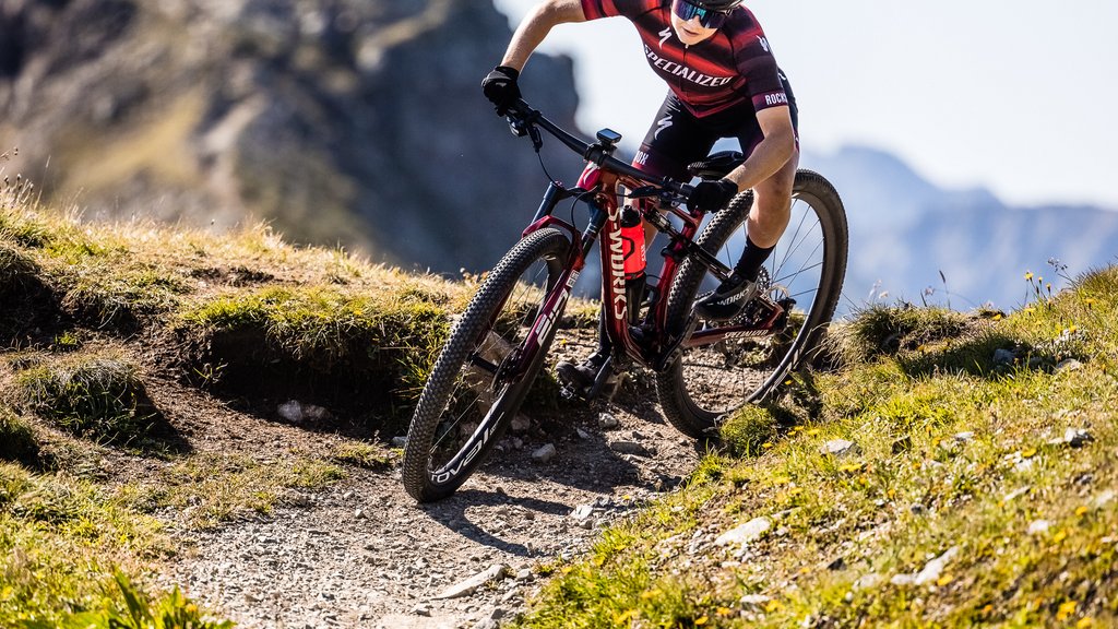 Mountain biker Sina Frei rides her favourite trail, the Alps Epic Trail Davos.