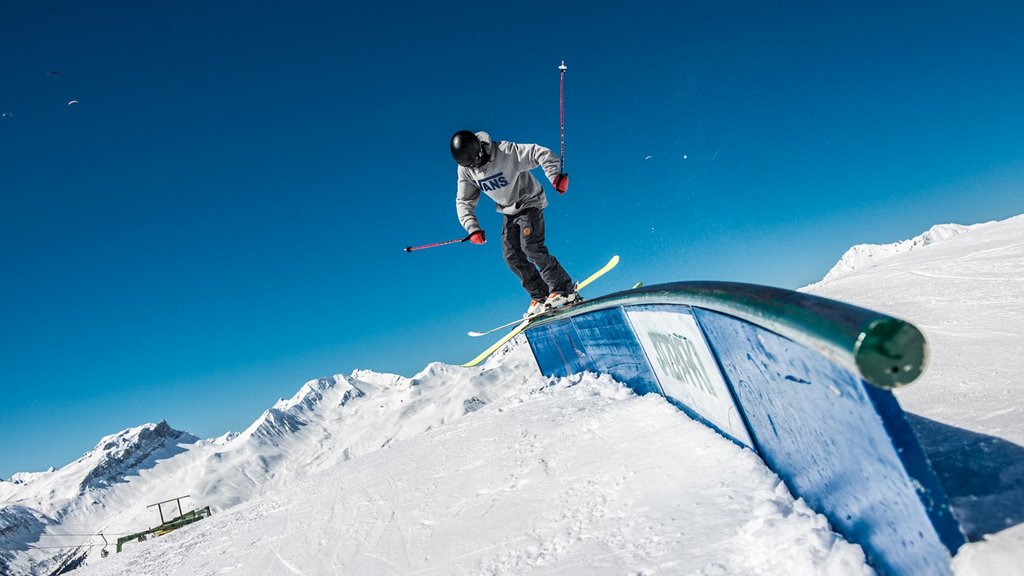 The JatzPark at Jakobshorn in Davos Klosters, Switzerland, provides freestyle action for freeskiers and snowboarders with its rails and kickers.